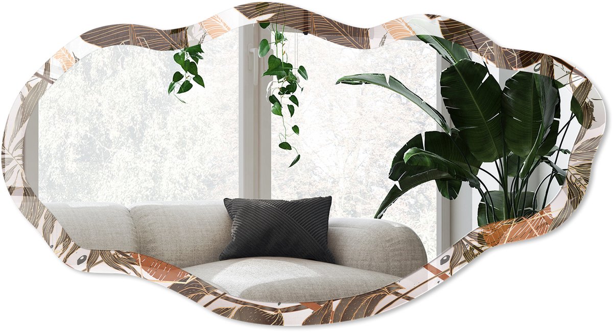 Wallfluent Tropische Bladeren Spiegel - Bruin Strakke Rechthoekige Spiegel - Organische Spiegel - Woonkamer - Illustratief - 45x90 cm - Totale afmeting 52x97 cm