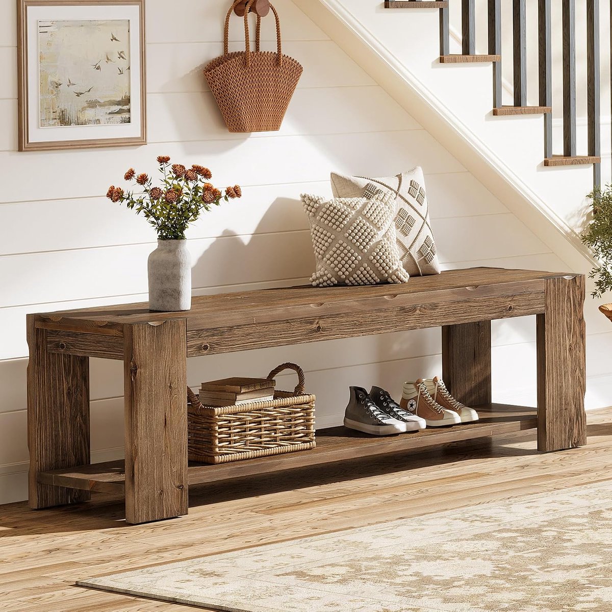 LITTLE TREE Massief Houten Schoenenbank - 140 x 40 x 48 cm - 2‑Laags met opbergplank - Zitbank voor hal, entree, woonkamer en slaapkamer - Rustiek Bruin