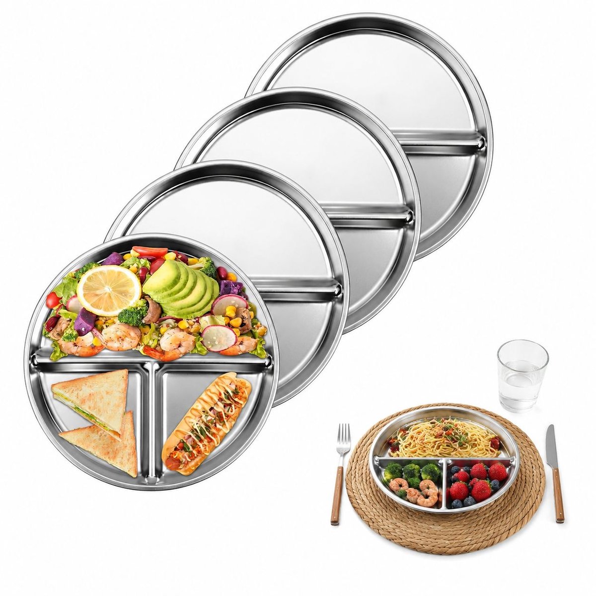 Bobypet - Vakkenbord - set van 4 RVS kinderborden 20 cm - portiecontrole bord voor kinderen, volwassenen en camping