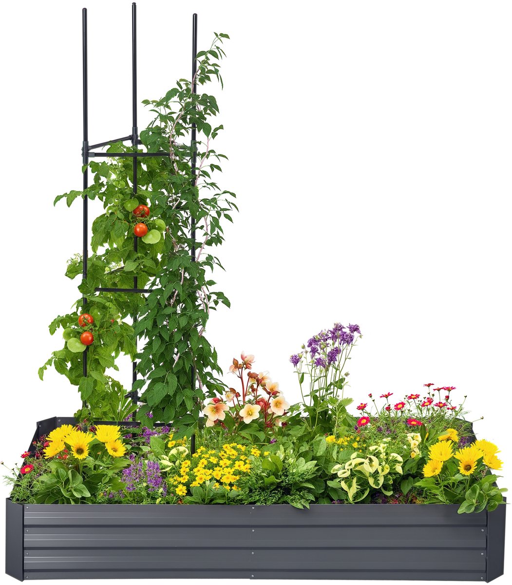 Plantenbak voor de tuin metaal met klimhulp - 180 x 90 x 29,5 cm - met klimhulp voor tomaten en klimplanten