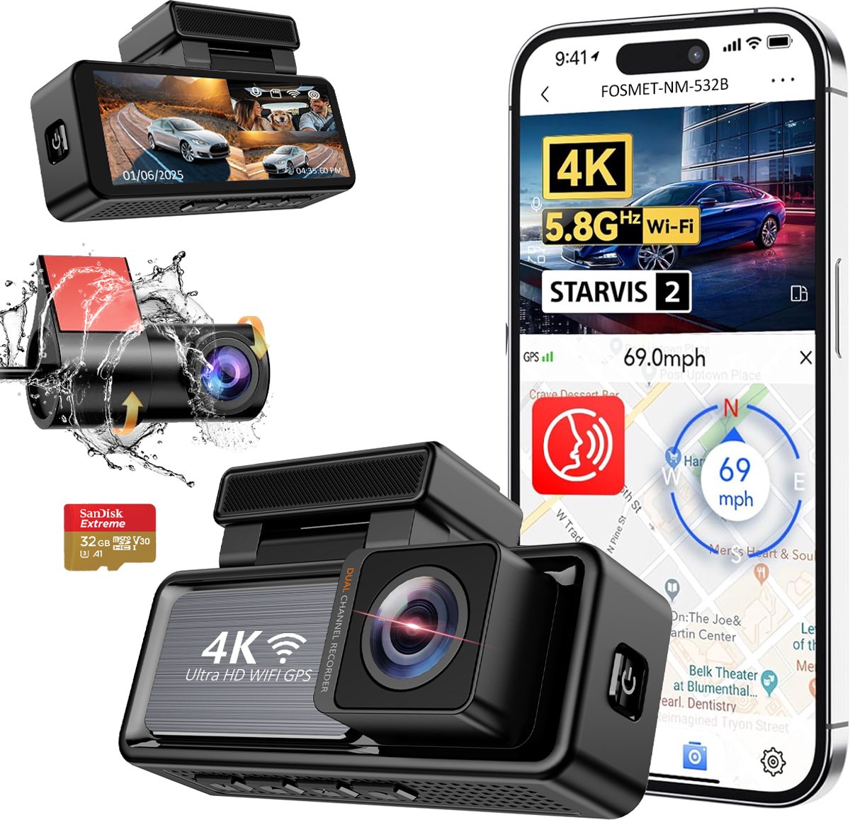 FOSMET Dashcam Voor Auto - 2 Kanaals - 3.2 Inch IPS-Scherm - Voor & Achter Camera - 170° Groothoek - WiFi & GPS - Nachtzicht – Parkeerbewaking - G-Sensor - Incl. 32GB SD-Kaart - Ondersteunt 256GB