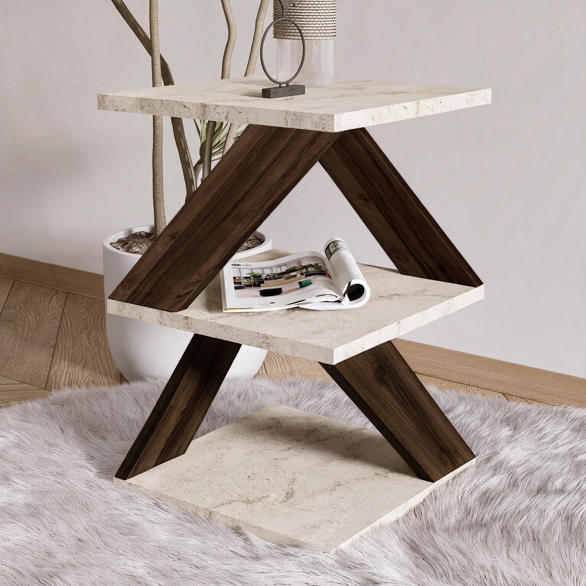 Asir - Bijzettafel - Travertijn en walnoot - 29,6 x 29,6 x 54,2 cm