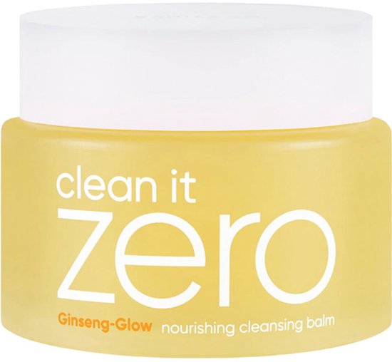 Gele Clean It Zero pot met de tekst "clean it zero" en "Ginseng-Glow nourishing cleansing balm" op een witte achtergrond.