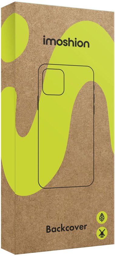 Bruine verpakking van imoshion voor een backcover telefoonhoesje met groene golvende lijnen.