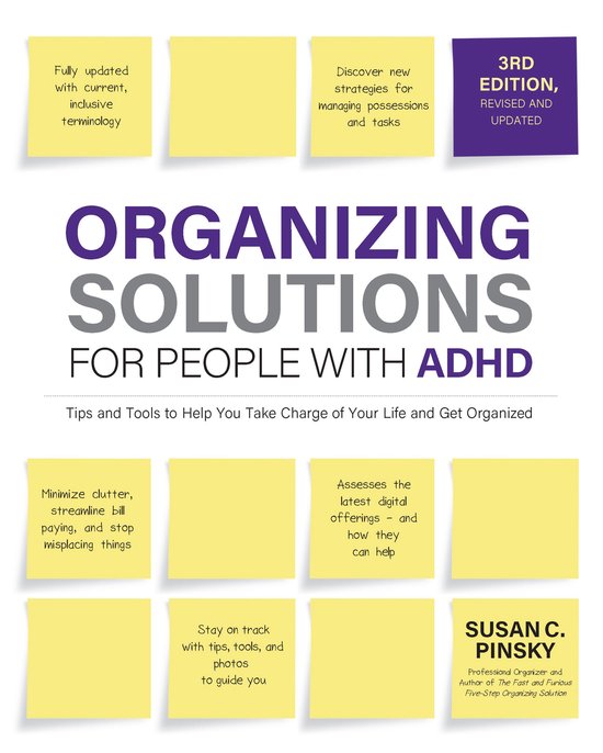 Boek "Organizing Solutions for People with ADHD, 3rd Edition". Paarse titel met gele notities erop.