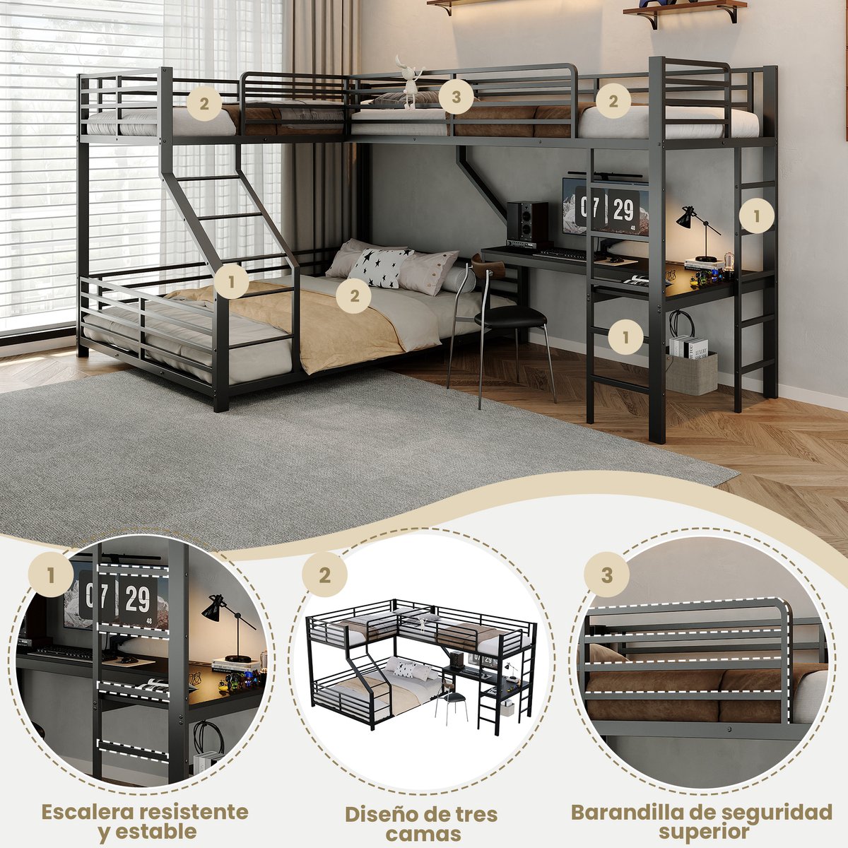 STILVORA Stapelbed 90 x 200 cm en 140 x 200 cm – Drie Slaapplaatsen Met Bureau En Oplaadpunt – Metalen Bedframe Met MDF – Zwart – Zonder Matras