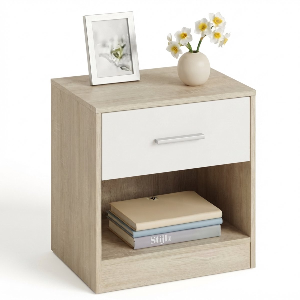 Archi Nachtkastje – Kast - 39 x 28 x 41 cm – Kastje met Lade en Open Vak - Bijzettafel - Voor Slaapkamer en Woonkamer – Beige/Wit