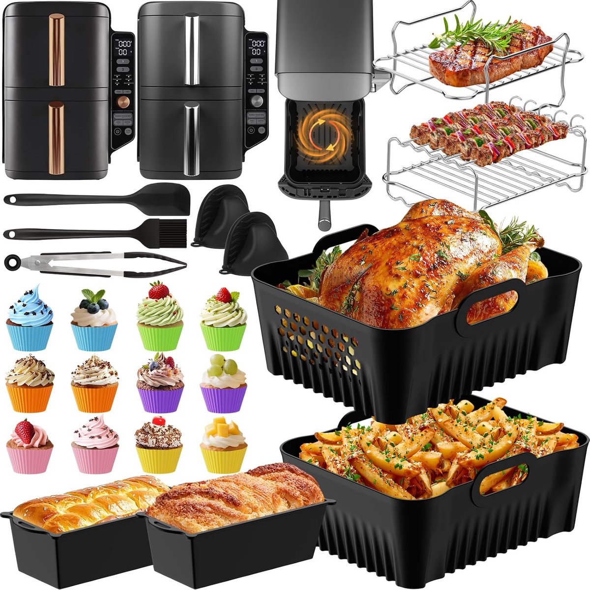 Siliconen Airfryer Accessoires voor Ninja Double Stack XL 9,5L en Foodi MAX Dual Zone - 2 Delige Set met 27 Onderdelen