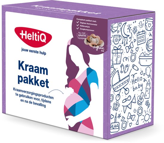 Heltiq Kraampakket verpakking met afbeelding van een zwangere vrouw en baby-gerelateerde illustraties.