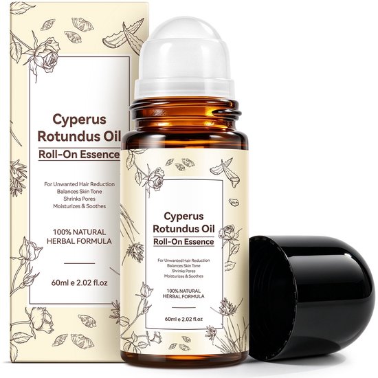Bruine fles met roller en doosje, beide met crème kleurige bloemenprint. "Cyperus Rotundus Oil Roll-On Essence" staat op het etiket.