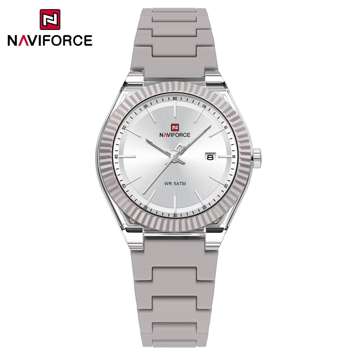 NAVIFORCE horloge met grijze siliconen polsband, zilveren wijzerplaat en grijze horlogekast voor dames met stijl ( model 6117 BGYW )