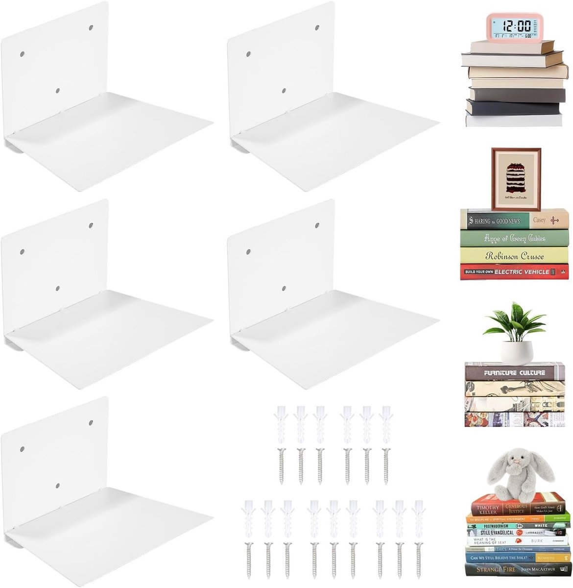 Verticale onzichtbare boekenkast - Wit - 16,3 x 11 x 10 cm - Metalen Zwevende Planken - Voor Slaapkamer en Kantoor