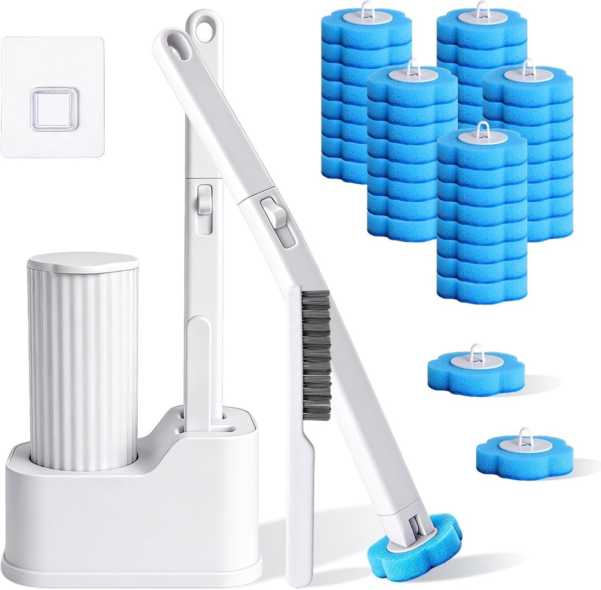 Vervanging voor wegwerp-toiletborstel - Wit - Kunststof met spons - Set met houder, handgreep en 40 navullingen - Voor hygiënische reiniging