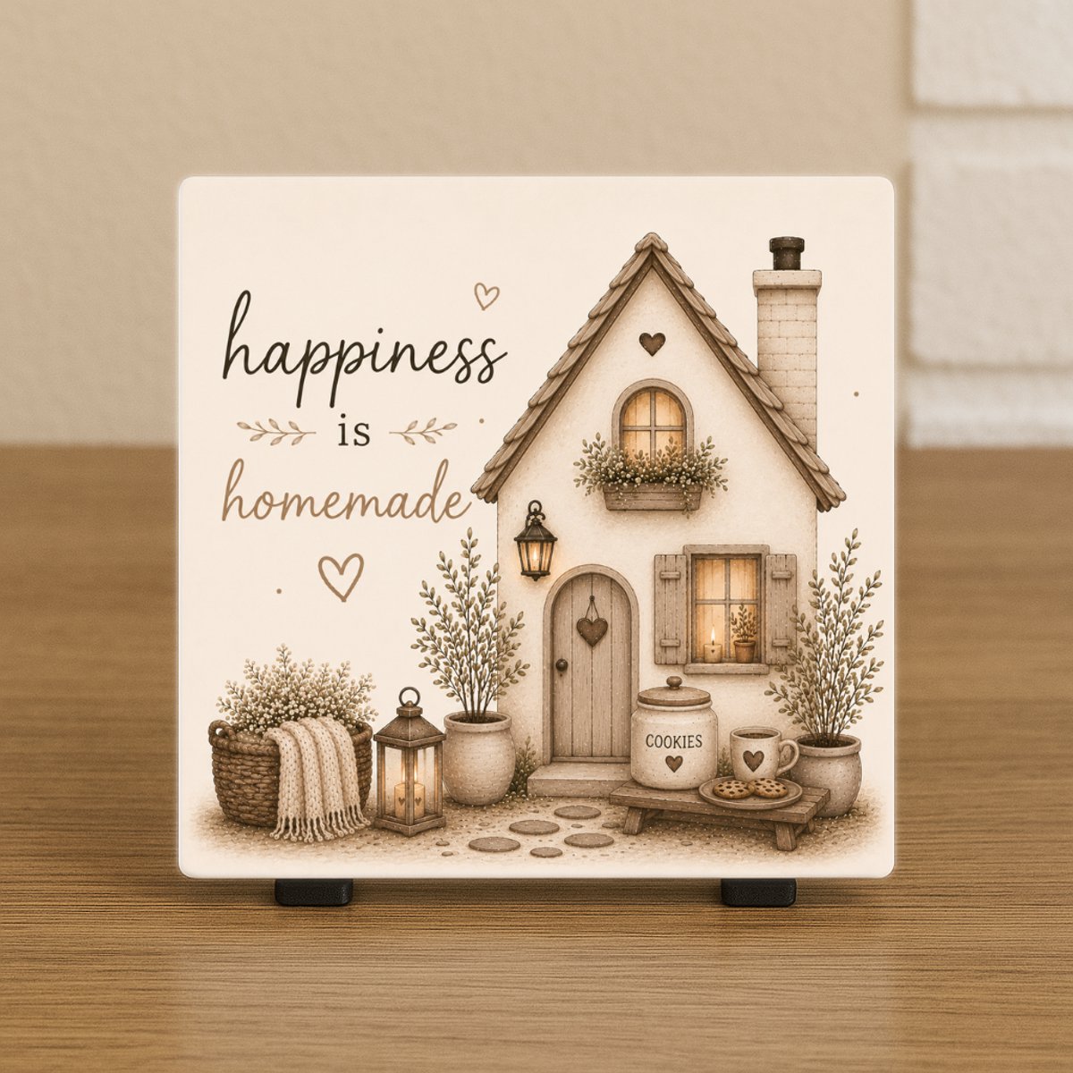 CreaCraft Spreuktegel “Happiness is homemade” – Cadeau tegeltje – Trendy nu – Woondecoratie – Vriend(in), familie, collega – Zomaar – Incl standaard – Cadeau idee – Wenstegeltje