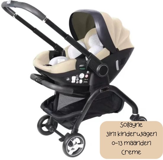 Solayne 3-in-1 kinderwagen in crème met zwart frame en beige kap. Geschikt voor 0-13 maanden.