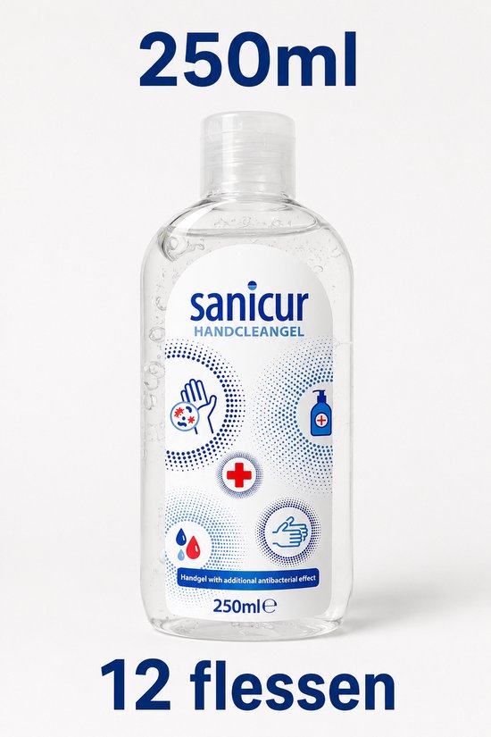 Sanicur handcleangel handgel, 250ml, met antibacteriële werking. Met iconen van een hand, druppels en een flesje.