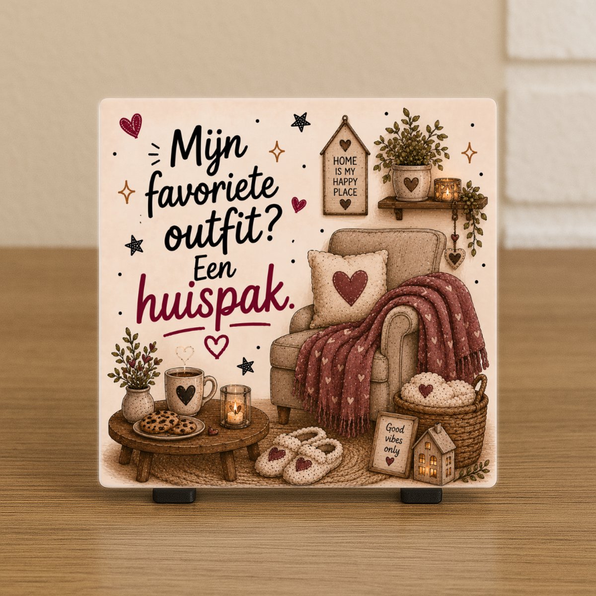 CreaCraft Spreuktegel “Mijn favoriete outfit? een huispak” – Cadeau tegeltje – Trendy nu – Woondecoratie – Vriend(in), familie, collega – Zomaar – Incl standaard – Cadeau idee – Wenstegeltje
