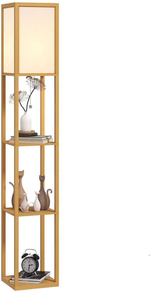Atlasyx vloerlamp - Leeslamp - Staande lamp - Woonkamer lamp - Hoeklamp - 3 Opbergplanken - 26 x 26 x 160 cm - Natuurlijk Hout