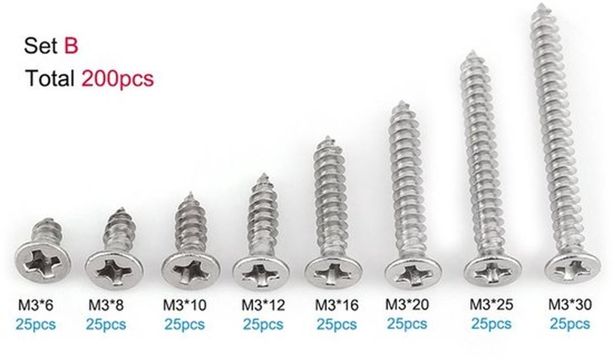 Zelfsnijdende Schroeven 200 Stuks - Roestvrij Staal 304 - M3 x 6/8/10/12/16/20/25/30 mm - Platte/Kop/Vakwerkkop - Draaikop - Schroevenset
