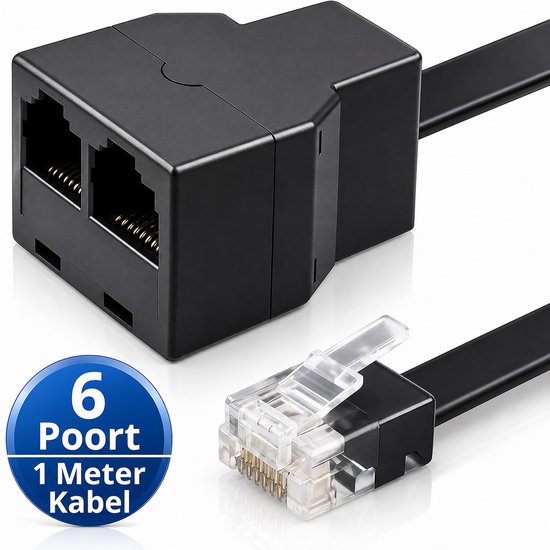 Zwarte P1-splitter met 6 poorten en 1 meter platte kabel, met RJ11-connector.