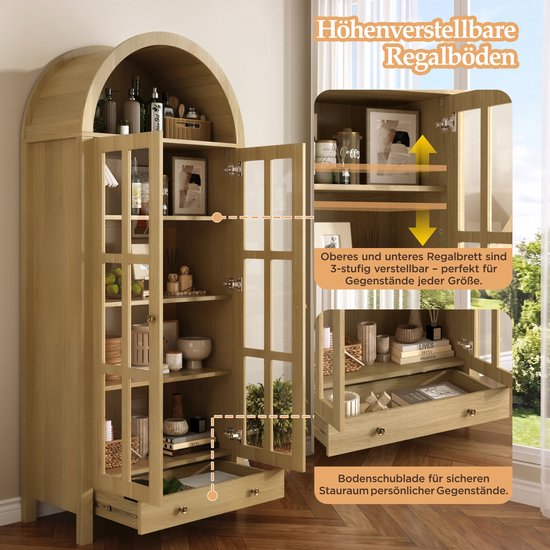 OKWISH Vitrinekast Bogenmodel Met Transparante Acryldeuren En Lade Voor Woonkamer Eetkamer Slaapkamer En Kantoor MDF Naturel 75 X 35 X 170,5 Cm van okwish — afbeelding 5