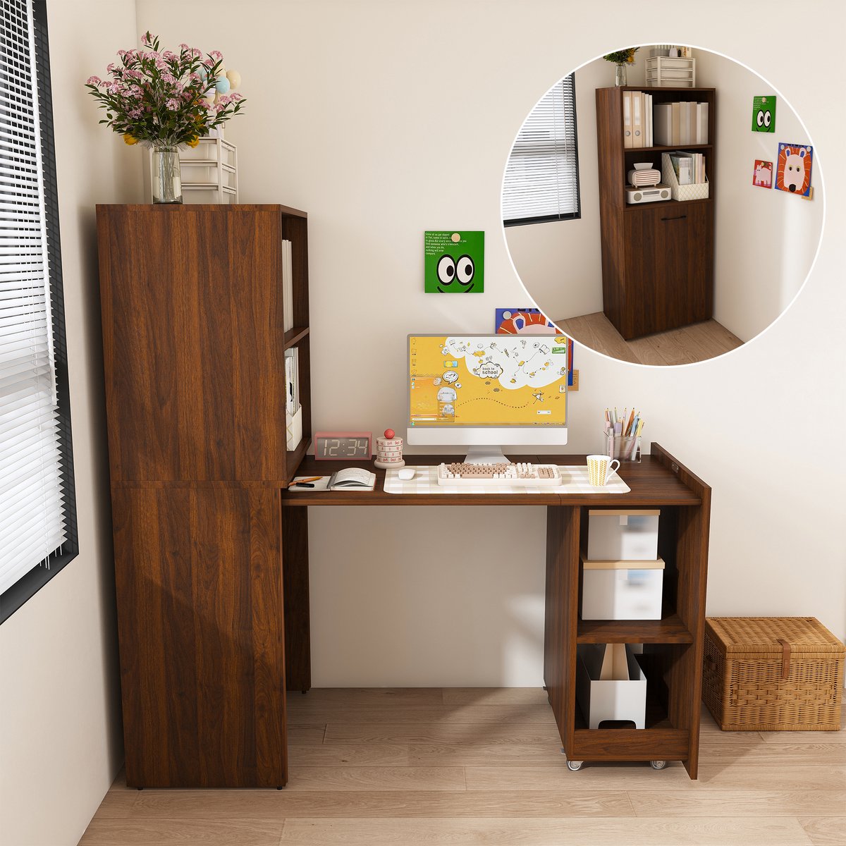 OKWISH Opklapbaar Bureau Met Opbergkast Verstelbare Legplanken Uittrekbaar Tafelblad Walnoot MDF 126 X 55 X 136 Cm Voor Thuiswerkplek