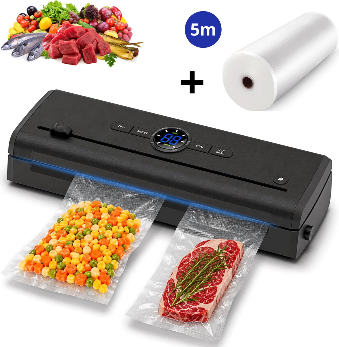 Rivv Vacumeermachine met Ingebouwde Snijder - Complete Set met 5m Rol & 5 Zakken - 7 Standen - Vacuümmachine - Seal Apparaat voor Voedsel - 115W - Model AP-26P