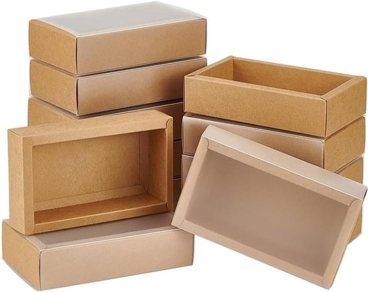 12 stuks geschenkdozen van kraftpapier met transparant deksel 17 x 10 x 4 cm - Lade doos - Mat PVC-deksel - Gebruikt voor cake, koekjes, snoep, zeep - Geschikt voor diverse gelegenheden.
