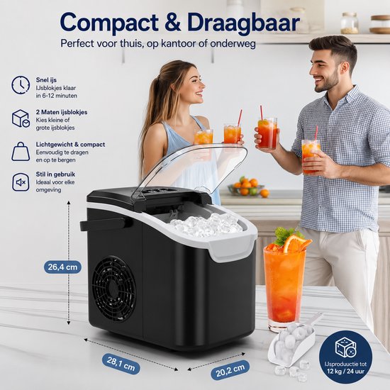 SanaVida - IJsblokjes Machine - Ice Cube Maker - Draagbare IJsblokjesmaker - 12KG/24H - 2 Maten IJsblokjes - Zwart - 27x20x28cm — afbeelding 3