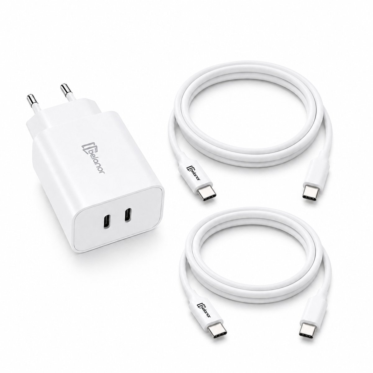 Belanor 35W GaN Oplader - 2x USB-C - Power Delivery - Inclusief 2x 1m USB-C naar USB-C Kabel - Voor Smartphone & Tablet