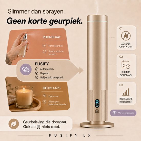 Gouden FUSIFY LX diffuser naast een kaars en een roomspray. "Slimmer dan sprayen. Geen korte geurprik"