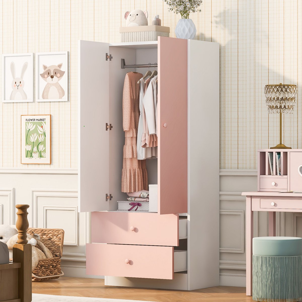 STILVORA Kledingkast - Roze Wit Met 2 Lades En Hanggedeelte - Voor Slaapkamer En Kinderkamer - Hout - 70x40x170 Cm