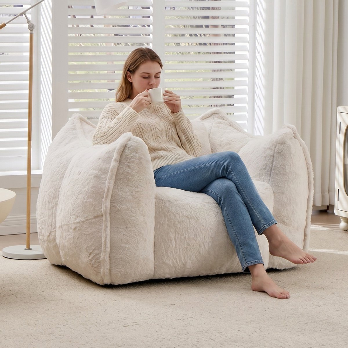 MIVRAY Zitzak Stoel 123 x 97 x 73 cm - Met Rugleuning En Armleuningen - Voor Woonkamer En Slaapkamer - Fluweel - Beige