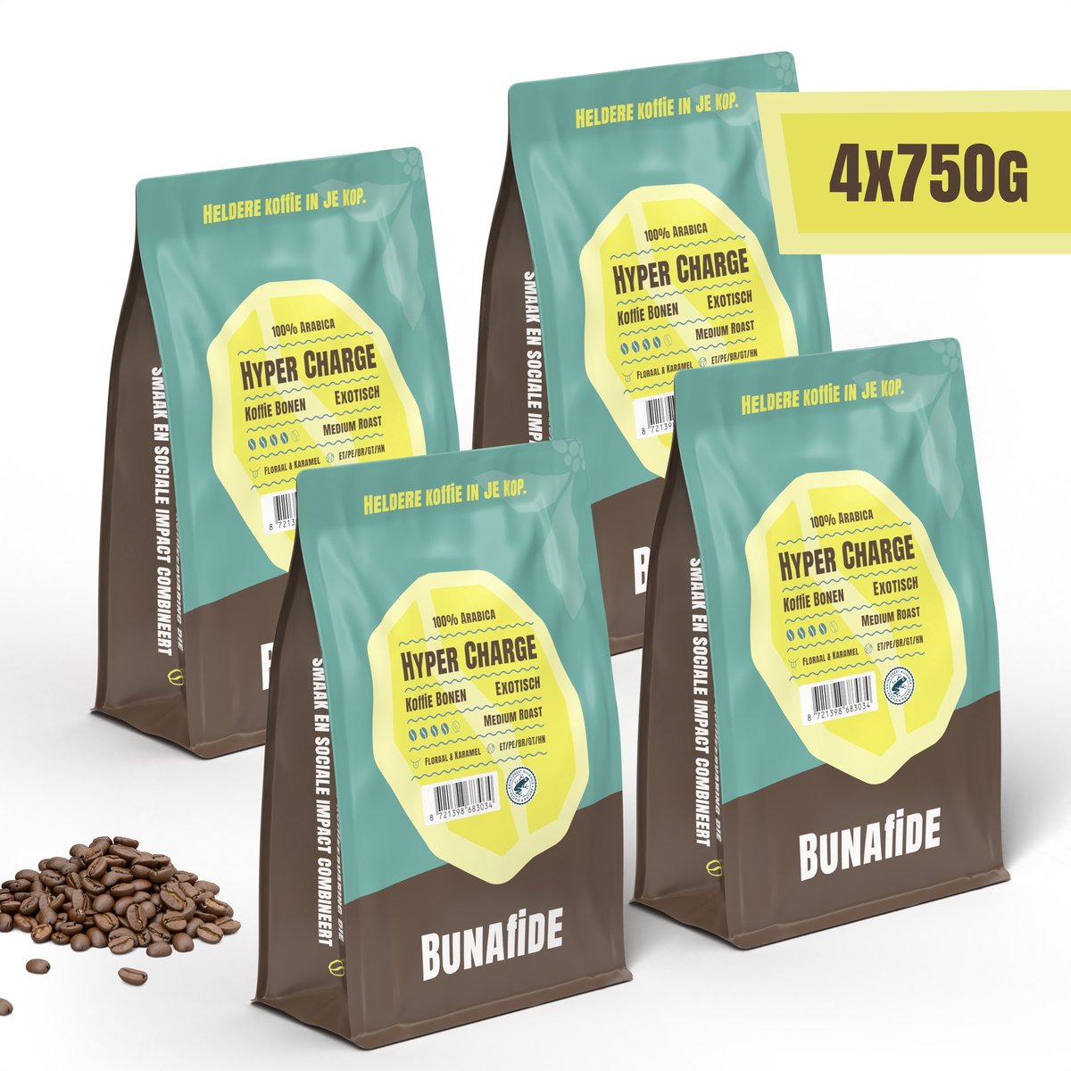 Bunafide - Hyper Charge - Medium Roast - 100% Arabica - Koffiebonen - 4 x 750 gram