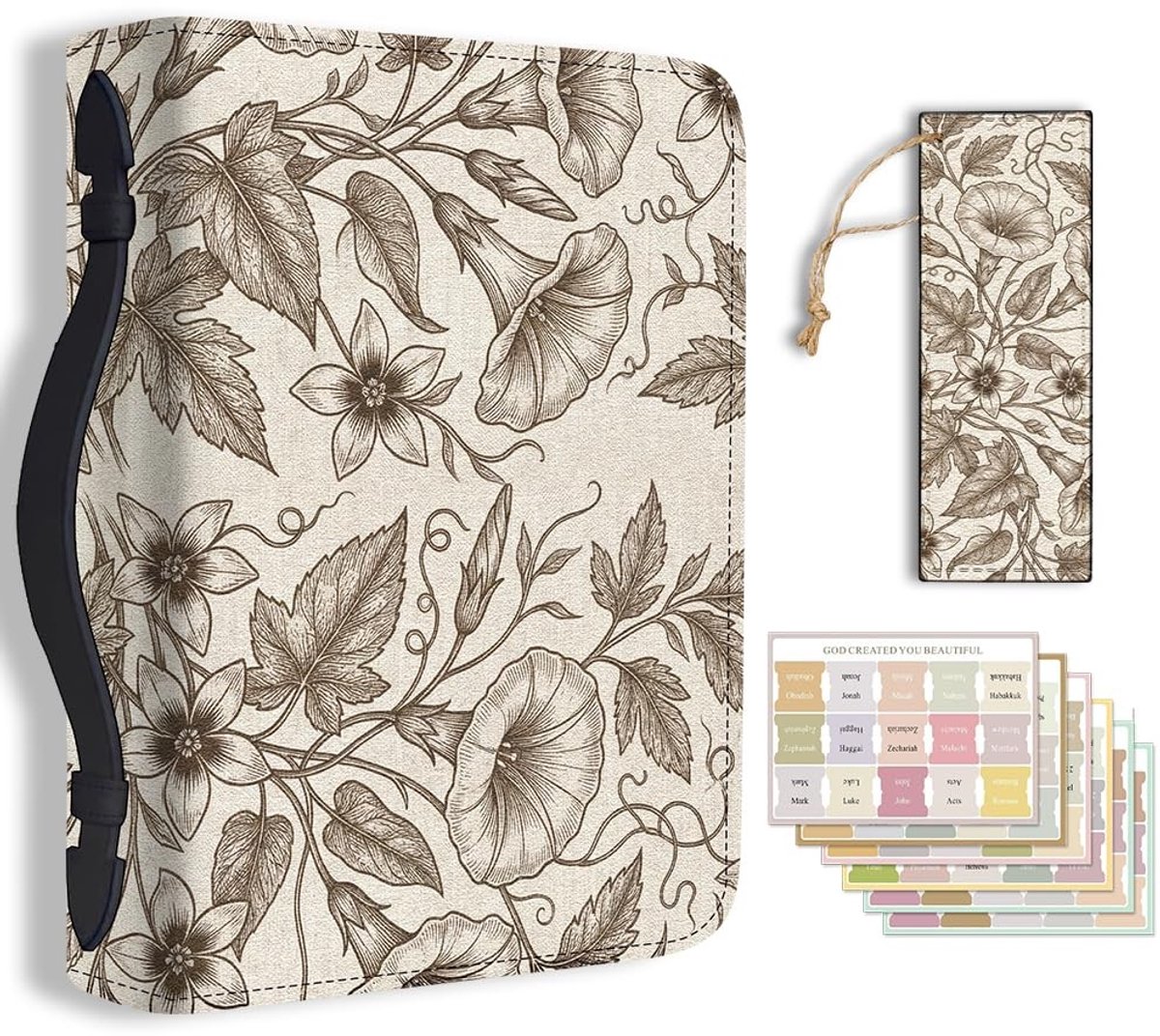 Solidchoice - Bruine PU Lederen Bijbelhoes met Bloemen en Bladwijzer