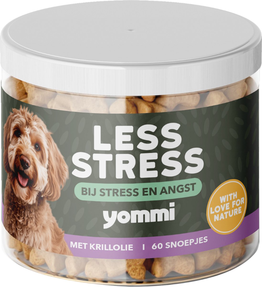 Yommi Less Stress (60st) - Rustgevende Kauwsnoepjes voor Honden - Kalmeert op Spannende Momenten Zonder je Hond Suf te maken. - Met L-Theanine & Kamille
