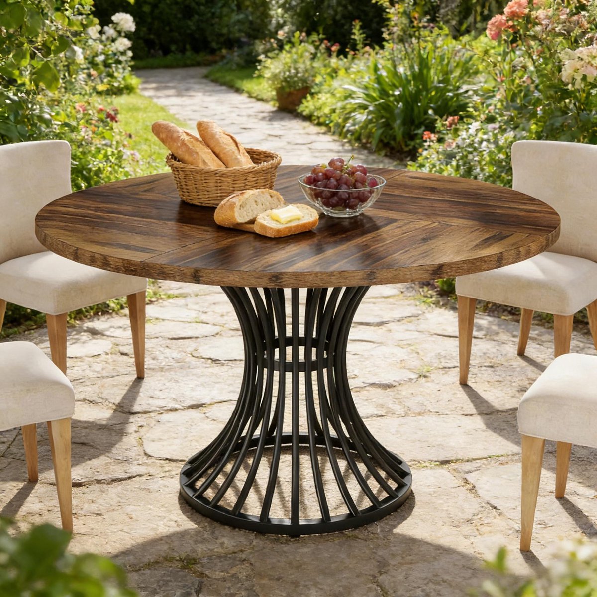 Wishdor Ronde eettafel - Industrieel design - MDF tafelblad - Metalen onderstel - Zwart en rustiekbruin - 119 cm - Voor 6 personen