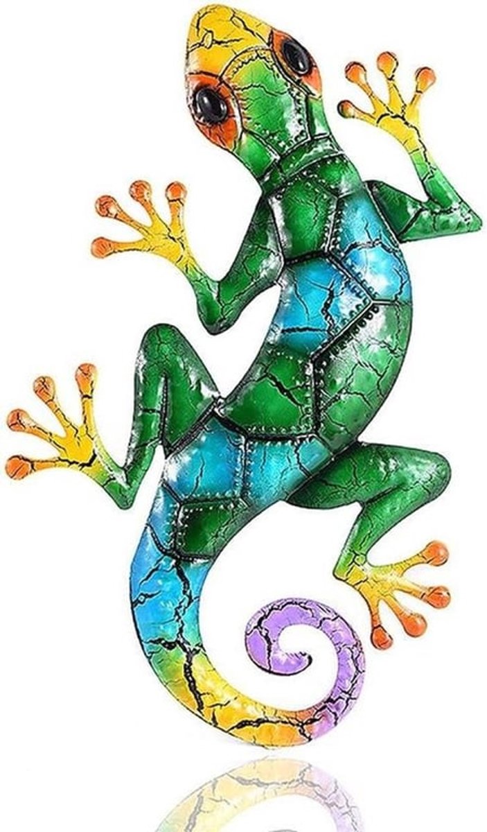 Metalen Gecko Standbeeld Muur Opknoping Sculptuur - Kleurrijke Gecko Standbeeld - Binnen Buiten Huis Tuin Decoratie - 43 * 27 * 3 CM - Dagelijkse Decoratie