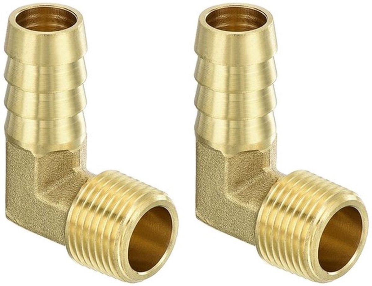 - Messing Hoekstuk - 90 Graden Verbinding - 1/2 Inch Barb x 3/8 Inch - Goud - Slangtule - Voor Water en Lucht - 2 Stuks