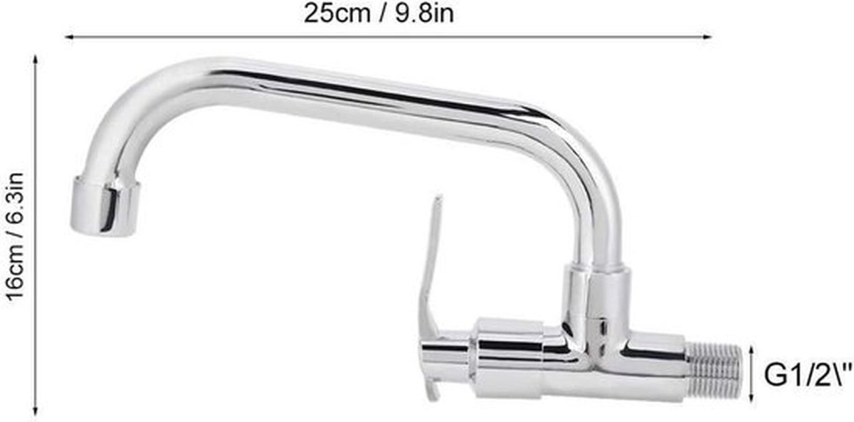 Koud Water Wandmontage Kraan voor Keuken en Badkamer - Messing Lichaam - Roestvrijstalen Pijp - Type A - 25cm