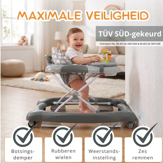 BRONEA Loopstoeltje baby 4-in-1 - Babywalker met schommelfunctie en speelpaneel met muziek - In hoogte verstelbaar en klapbaar| Loopstoel met geruisloze wielen en remmen van Merkloos — afbeelding 5