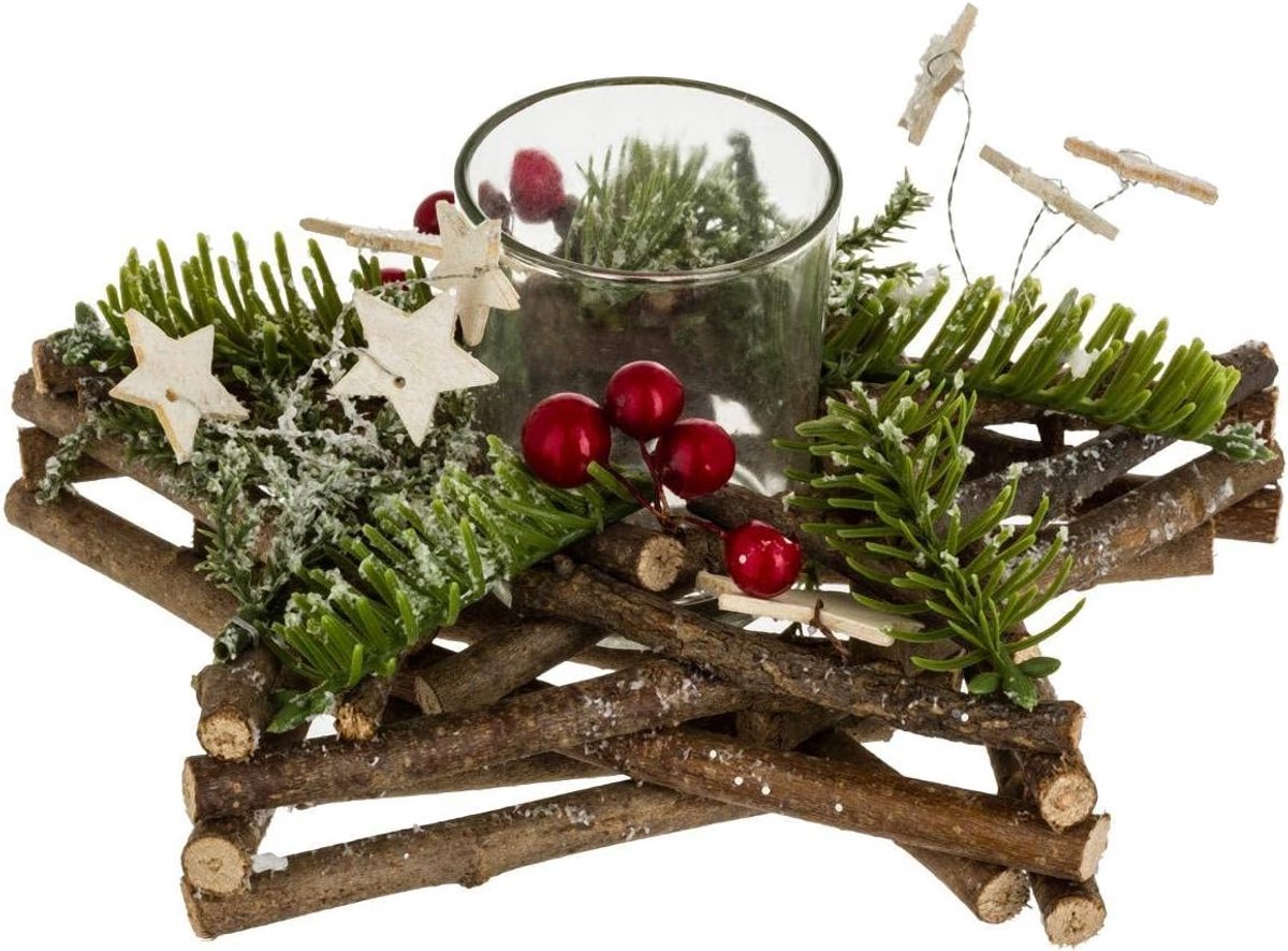 Feeric Lights & Christmas Kerst Theelichthouder - Hout en Glas - 20 x 20 x 7 cm - Groen
