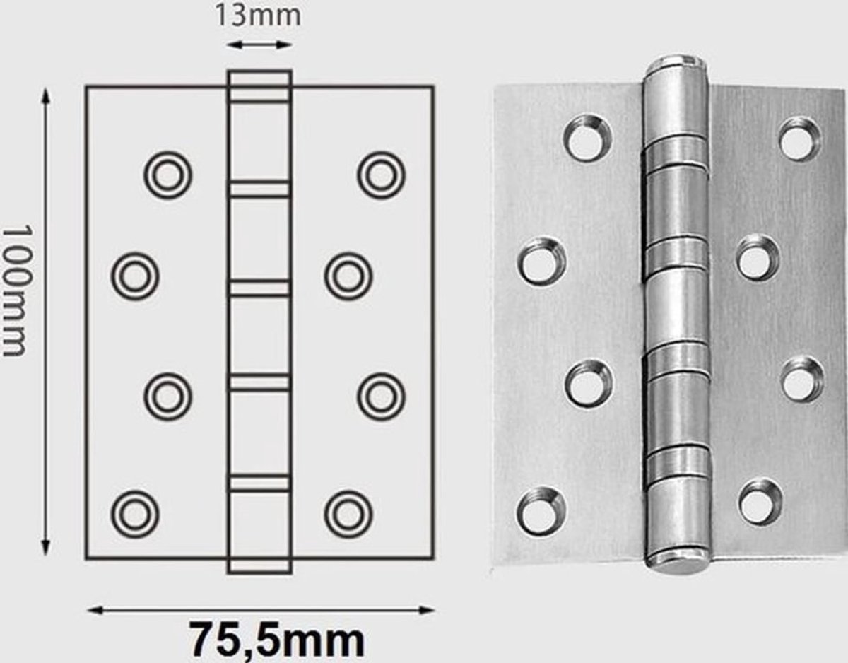 10 roestvrijstalen deurscharnieren - Zware deurscharnieren - Roestvrijstalen scharnieren voor tuinpoorten 100 mm x 75,5 mm - Accessoireset voor scheepvaart - Meubel-, raam- en kastverbinders, inclusief bevestigingsmateriaal - Deurscharnieren