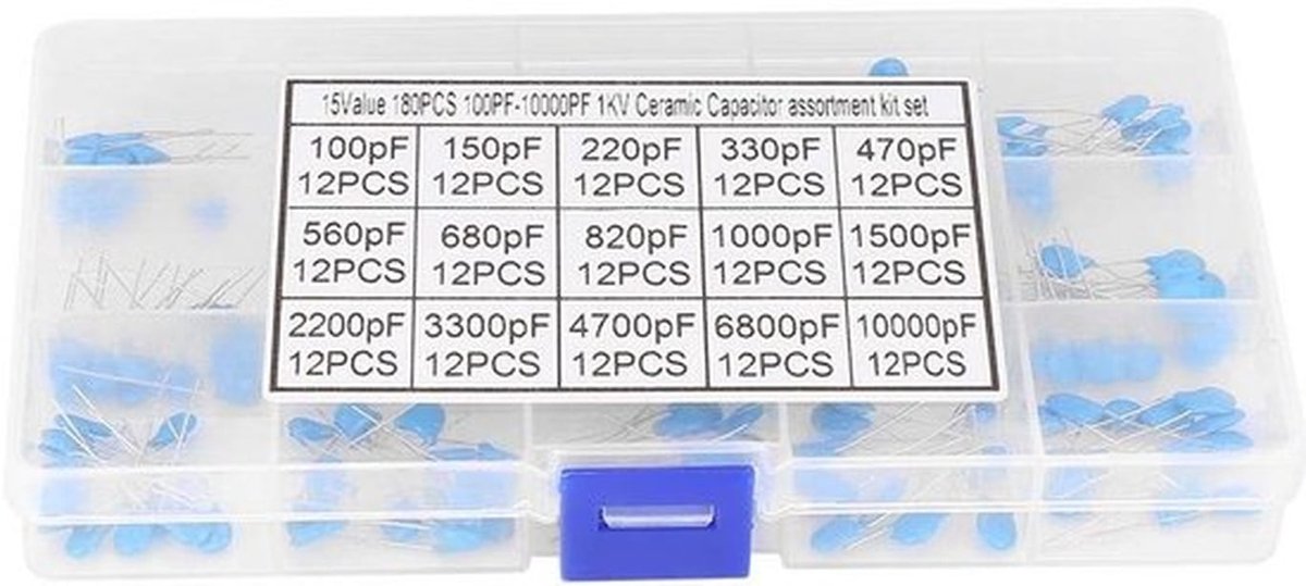 Hoogspannings-ceramische condensator - Capacitorset - 180 stuks - 1000V - Diverse Waarden - Ideaal voor Elektronica Projecten - Blauw