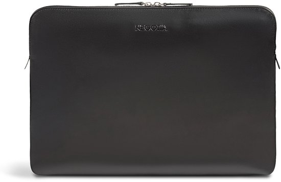 Zwarte leren laptoptas met het NEGOTIA logo in reliëf.