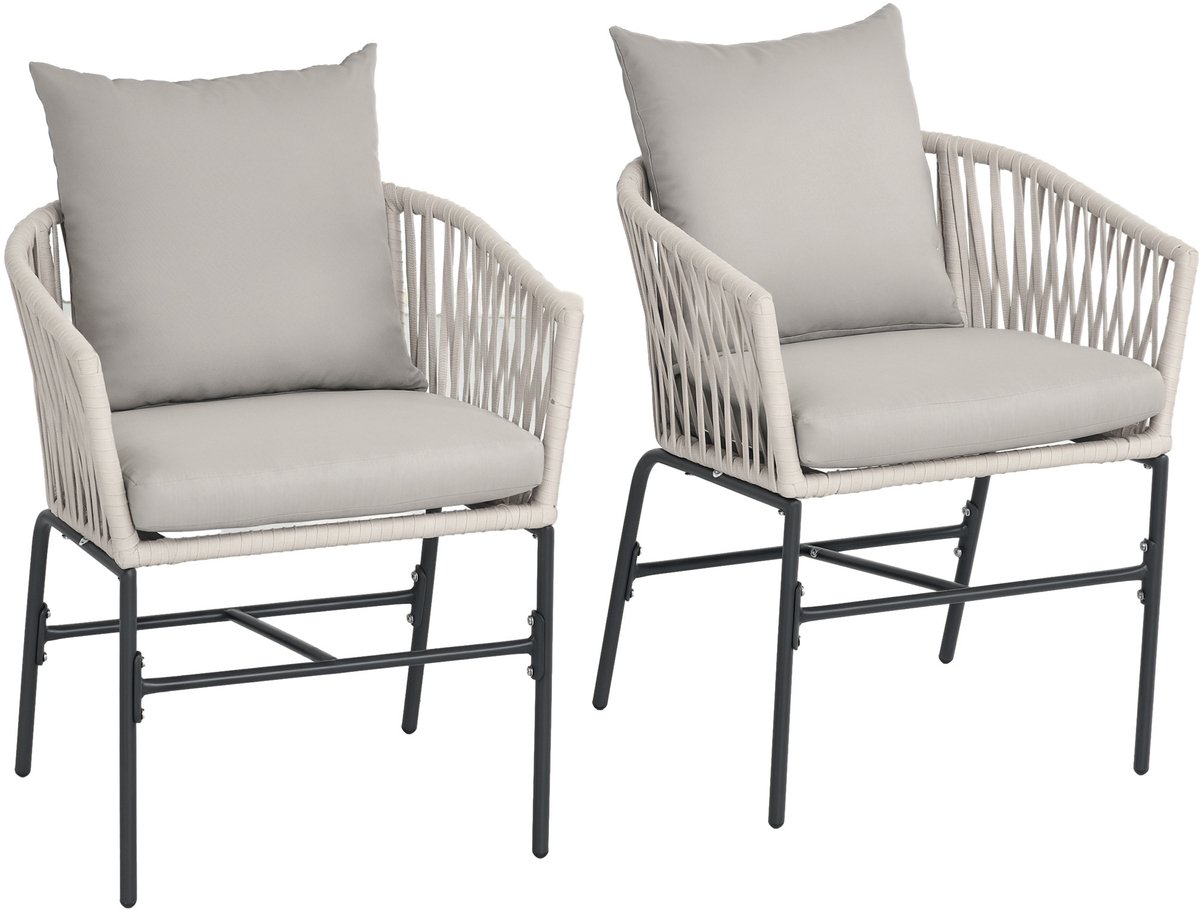 Set van 2 terrasstoelen - boho - stijl - comfortabele zitting - zitkussens - wasbare hoes - metalen frame - beige