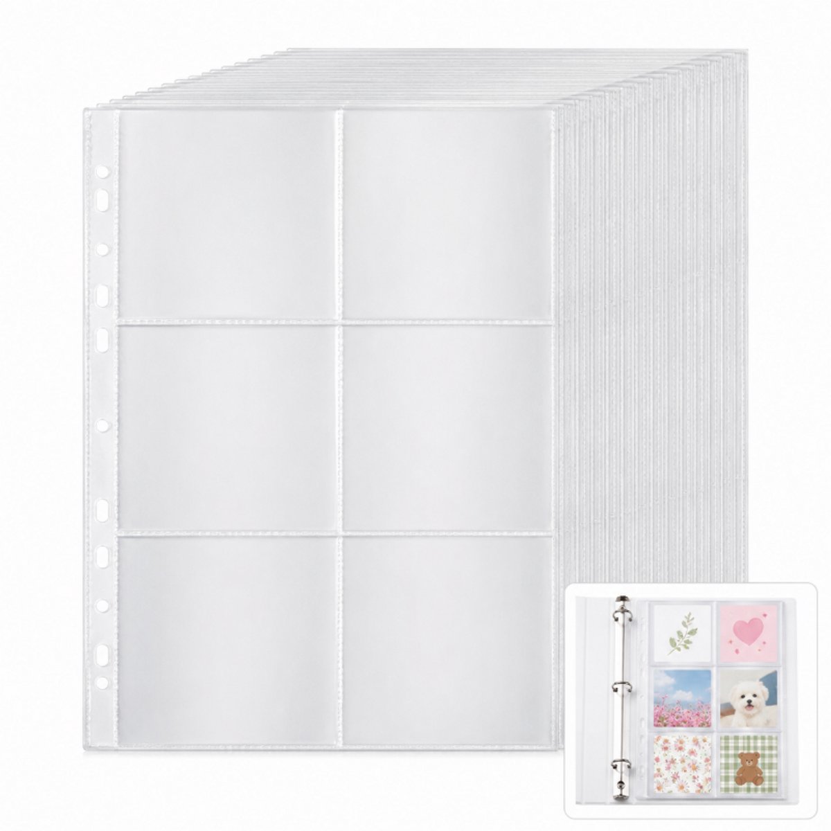 Fotohoezen - A4 TransparantFotobladen - TweeVak -Foto Insteekhoesjes -50 Stuks - voor 2/3/4 ringbanden - Zakformaat 10.7 x 10.2cm