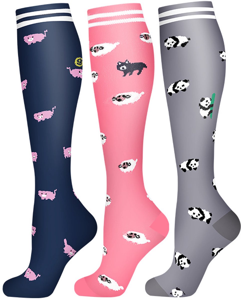 3 paar Compressiekousen - Sportcompressiekousen - Kuitondersteunende Sokken - Dierenpatronen - Hardloopsokken - Kuitsokken - Steunkousen - Geschikt voor Hardlopen, Sport en Reizen - Maat S/M