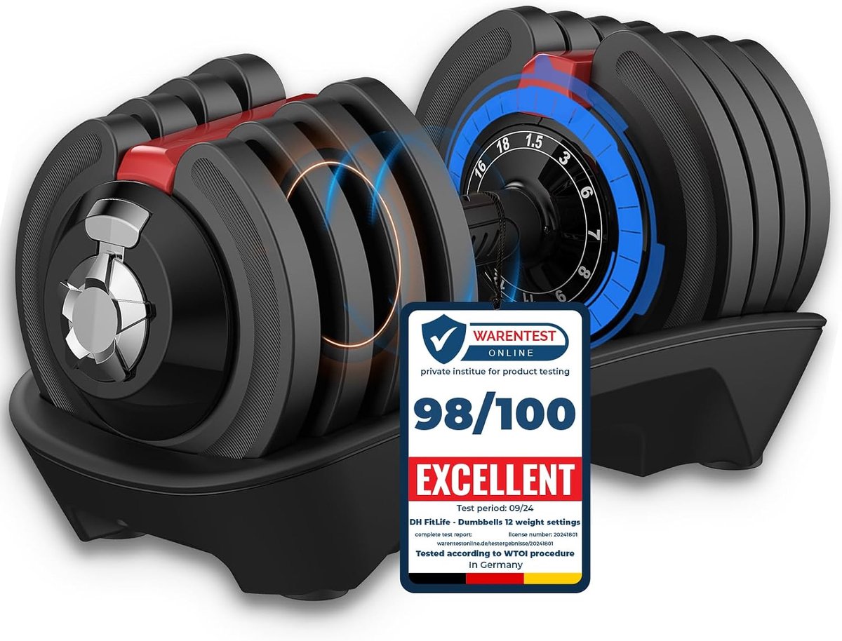 DH FitLife Verstelbare Dumbbell - 1,5 tot 18 kg - 12-in-1 Gewichtsverstelling - Ruimtebesparend - Voor Krachttraining Thuis