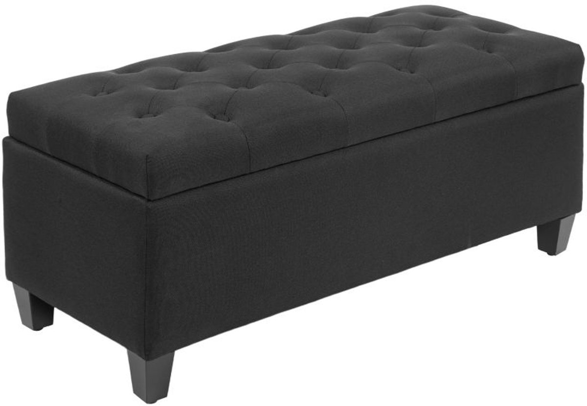 100 x 40 x 44 cm Zwarte Zitbank met Opbergruimte, Opbergbank met Opklapbare Zitting, Gestoffeerde Zitkist, Bedbank, Halbank, Voetenbank, Bank met Knoopafwerking en Houten Poten, Zitbank met Linnenlook voor Slaapkamer, Woonkamer en Hal